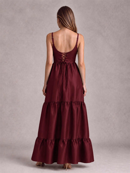 Square Neck A-Line Spaghetti Straps Satin Sleeveless Floor-Length Wedding Guest Dress