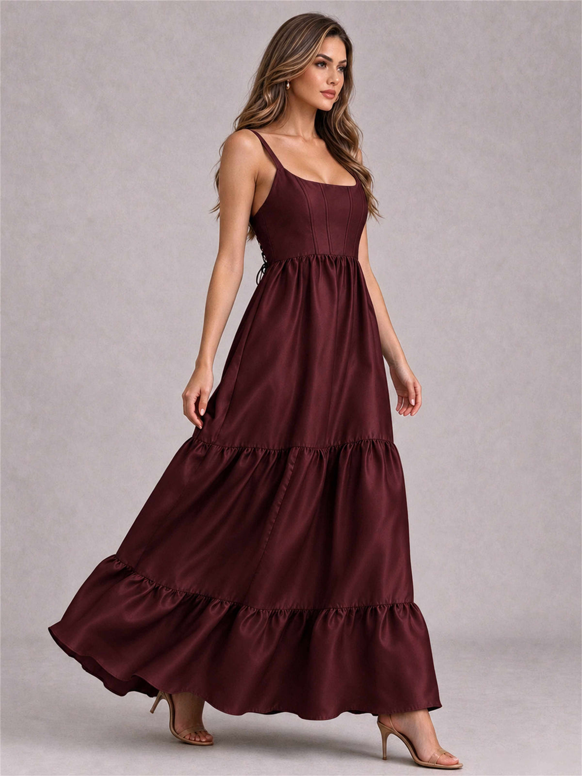 Square Neck A-Line Spaghetti Straps Satin Sleeveless Floor-Length Wedding Guest Dress
