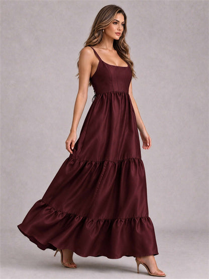 Square Neck A-Line Spaghetti Straps Satin Sleeveless Floor-Length Wedding Guest Dress