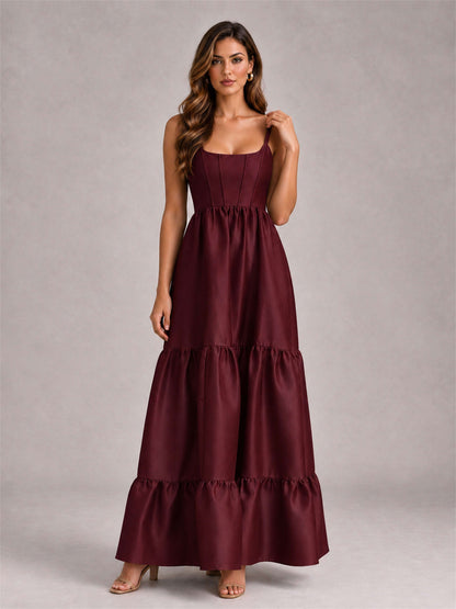 Square Neck A-Line Spaghetti Straps Satin Sleeveless Floor-Length Wedding Guest Dress