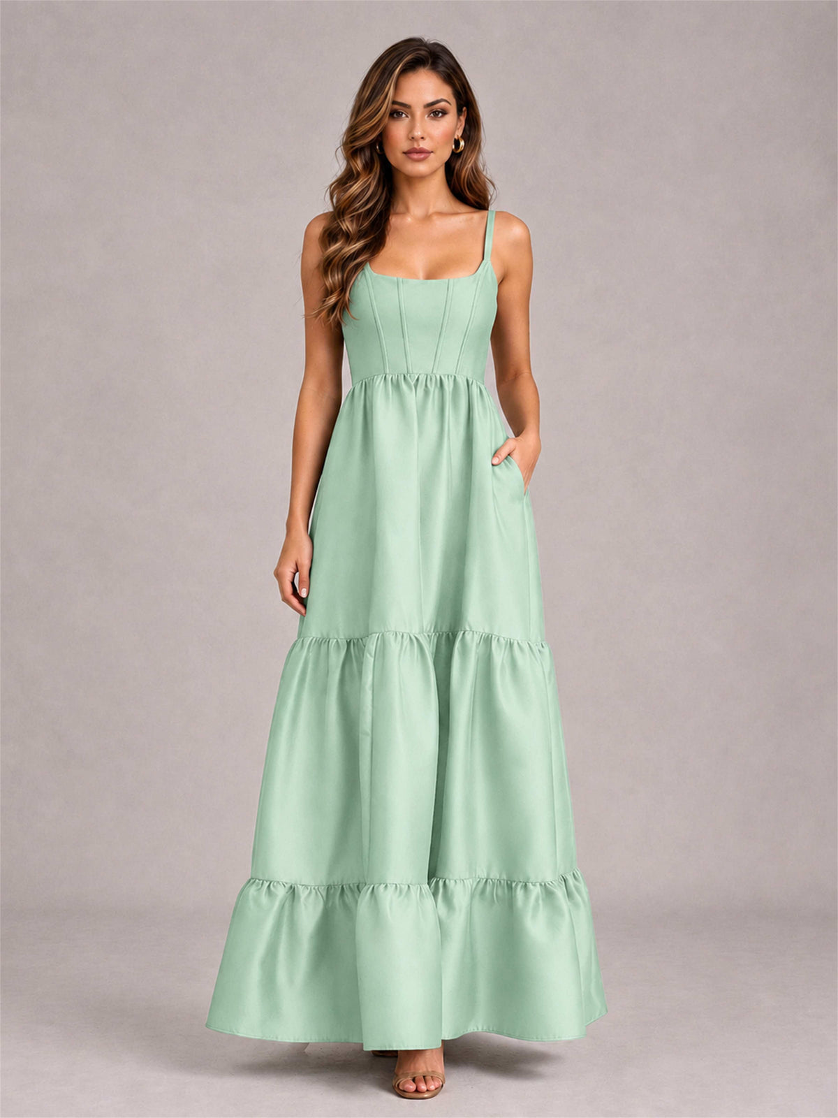 Square Neck A-Line Spaghetti Straps Satin Sleeveless Floor-Length Wedding Guest Dress