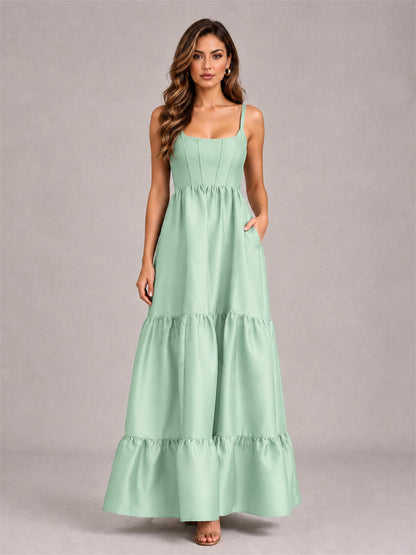 Square Neck A-Line Spaghetti Straps Satin Sleeveless Floor-Length Wedding Guest Dress