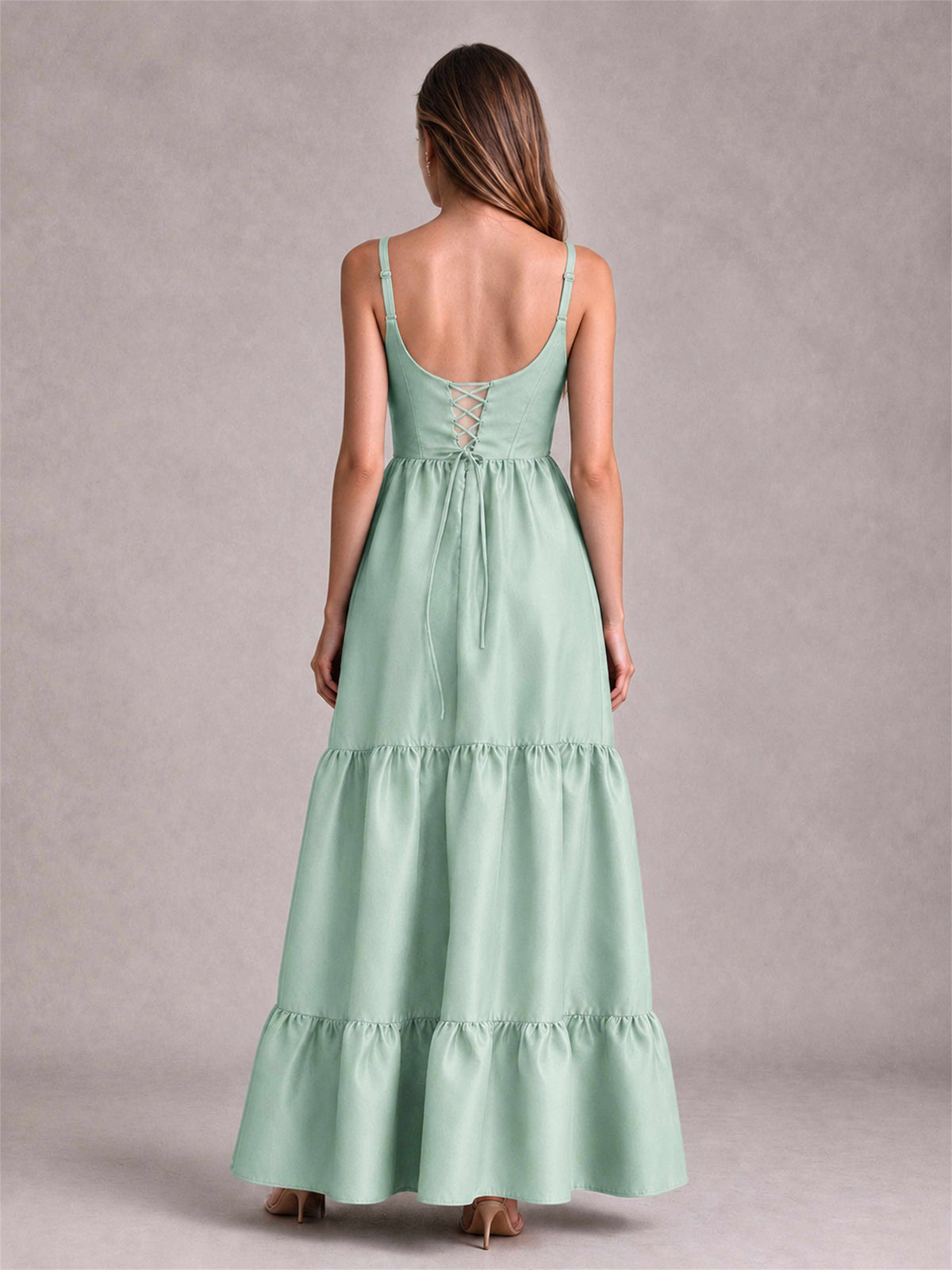 Square Neck A-Line Spaghetti Straps Satin Sleeveless Floor-Length Wedding Guest Dress