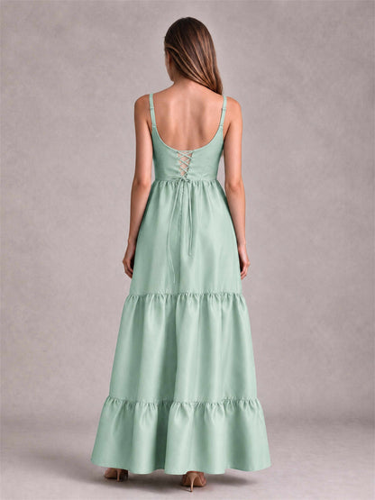Square Neck A-Line Spaghetti Straps Satin Sleeveless Floor-Length Wedding Guest Dress