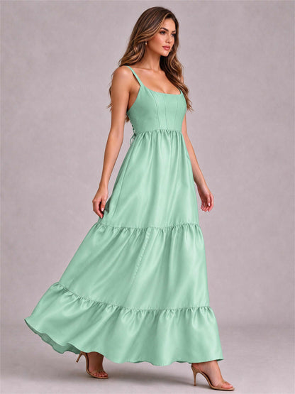 Square Neck A-Line Spaghetti Straps Satin Sleeveless Floor-Length Wedding Guest Dress