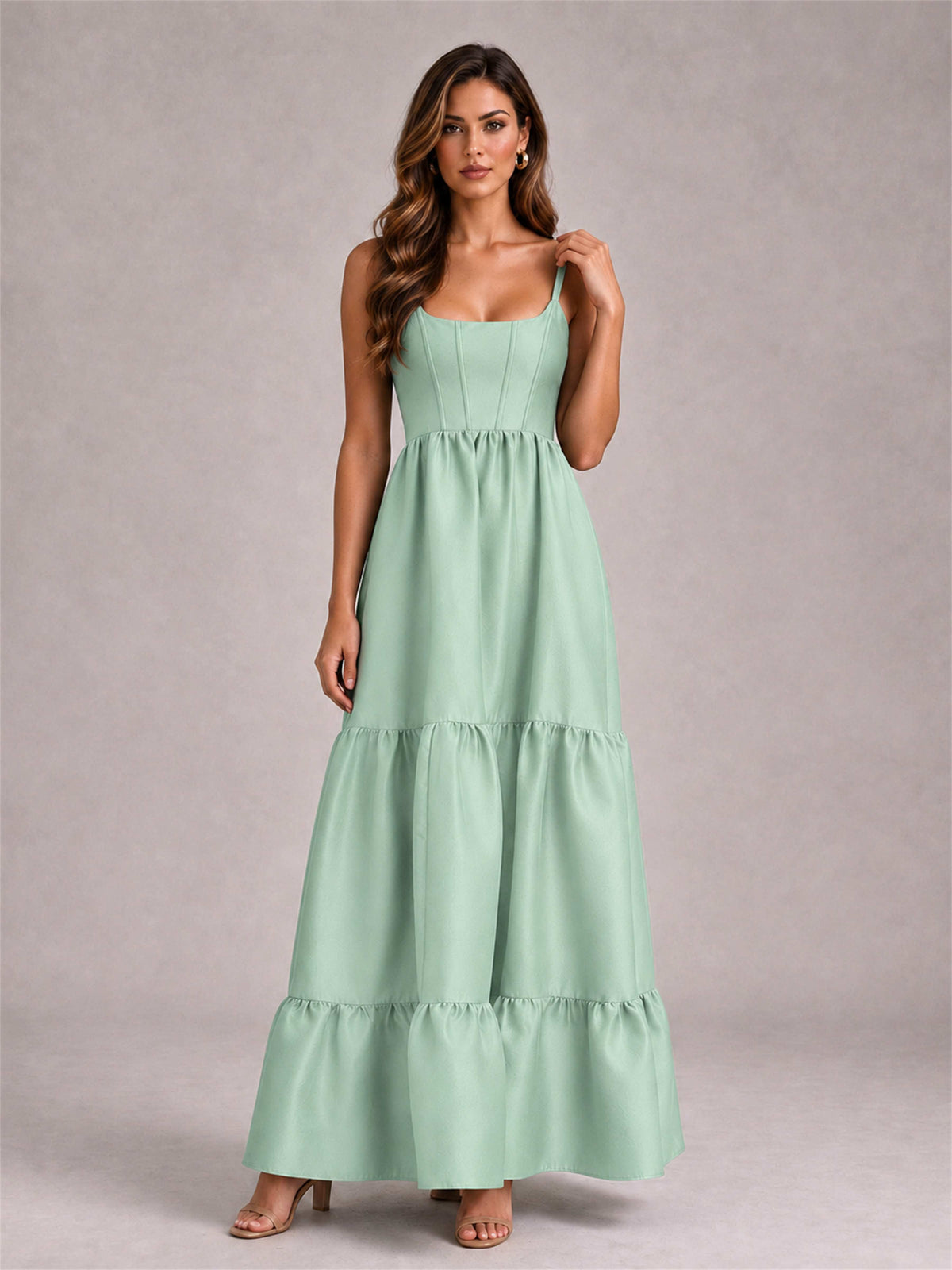 Square Neck A-Line Spaghetti Straps Satin Sleeveless Floor-Length Wedding Guest Dress