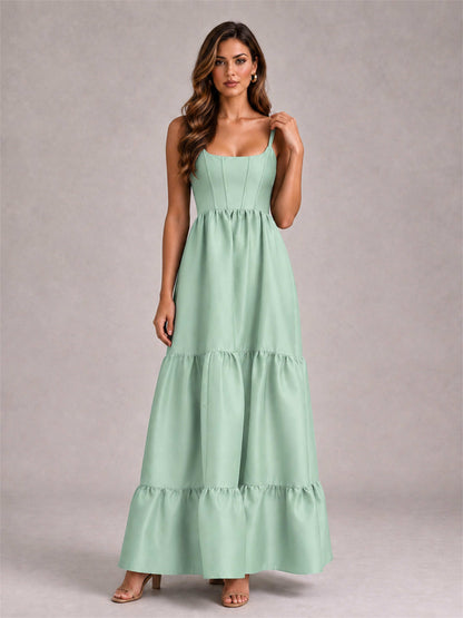 Square Neck A-Line Spaghetti Straps Satin Sleeveless Floor-Length Wedding Guest Dress