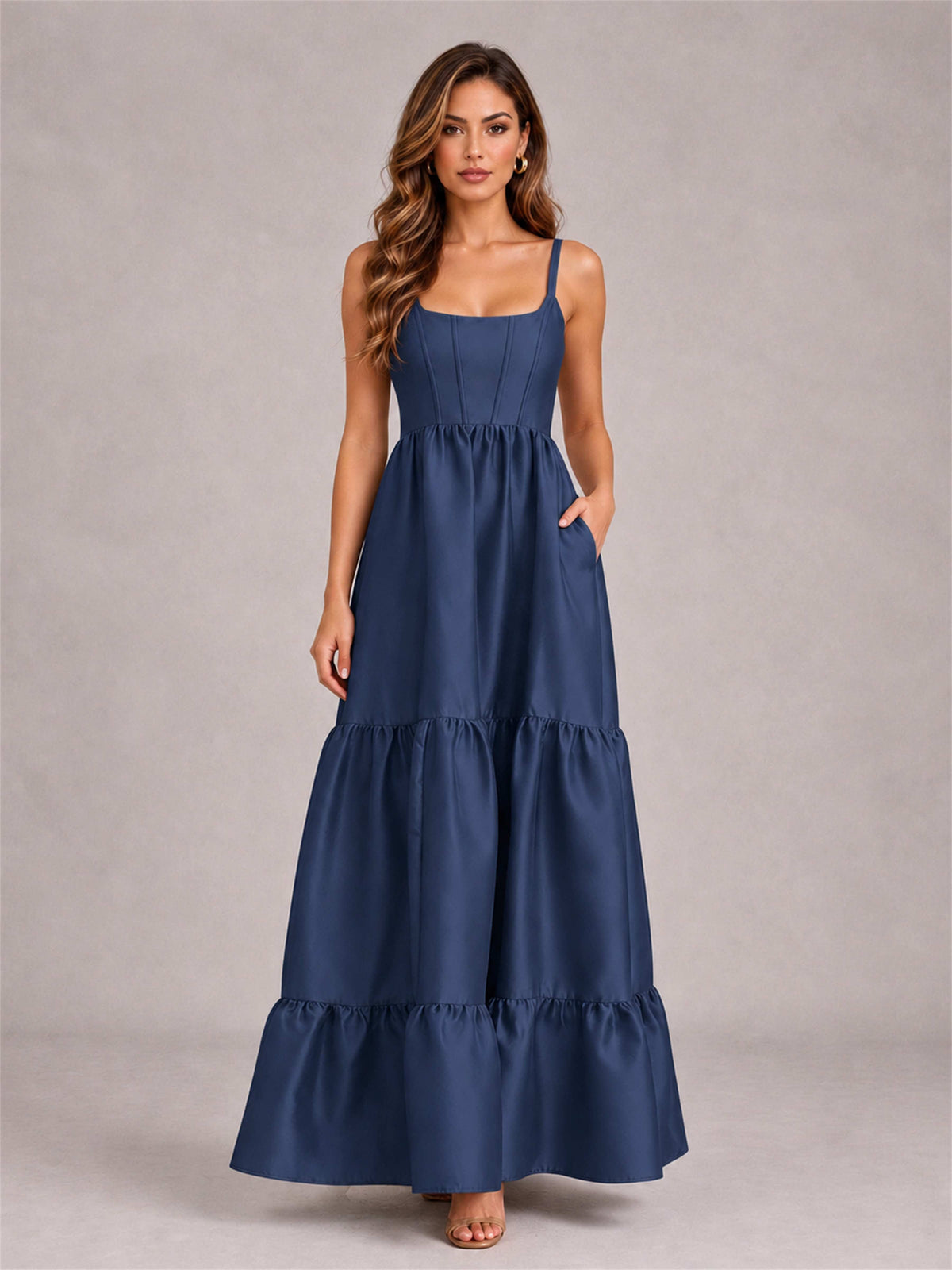 Square Neck A-Line Spaghetti Straps Satin Sleeveless Floor-Length Wedding Guest Dress