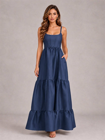 Square Neck A-Line Spaghetti Straps Satin Sleeveless Floor-Length Wedding Guest Dress