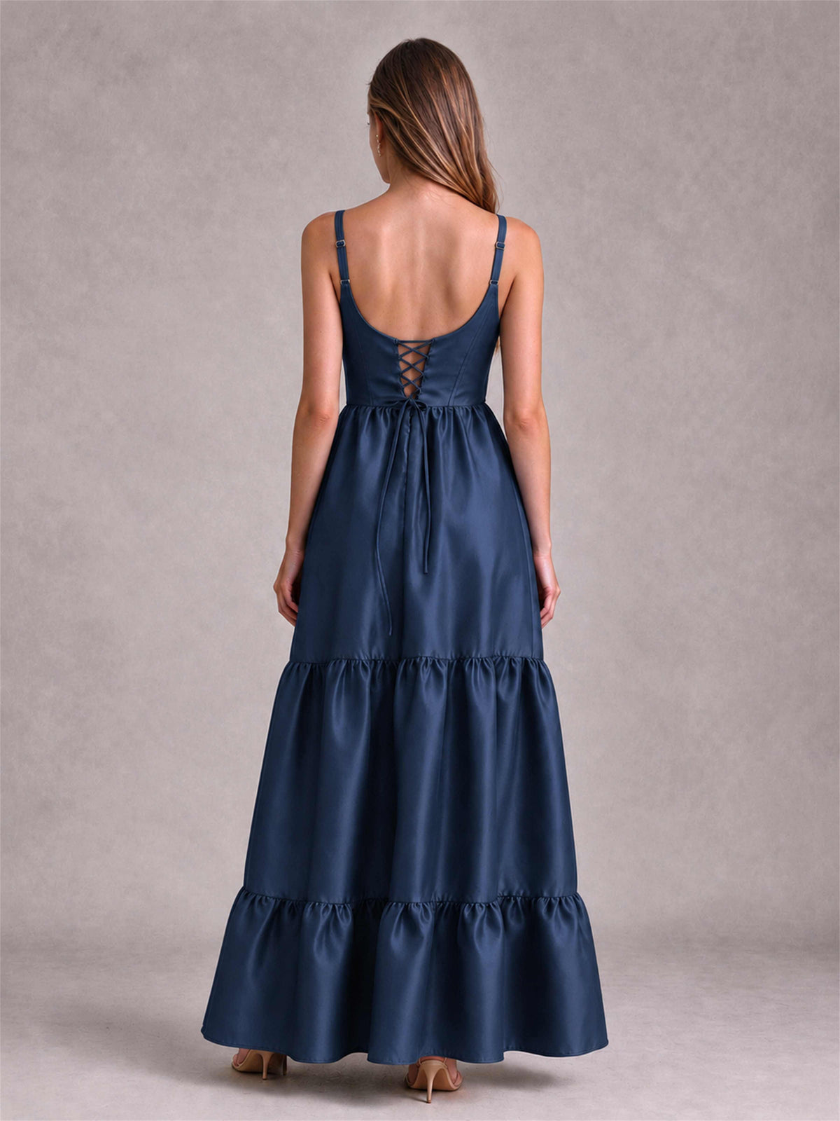Square Neck A-Line Spaghetti Straps Satin Sleeveless Floor-Length Wedding Guest Dress