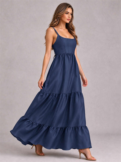 Square Neck A-Line Spaghetti Straps Satin Sleeveless Floor-Length Wedding Guest Dress