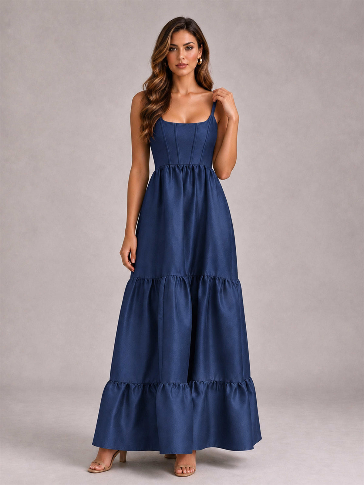 Square Neck A-Line Spaghetti Straps Satin Sleeveless Floor-Length Wedding Guest Dress
