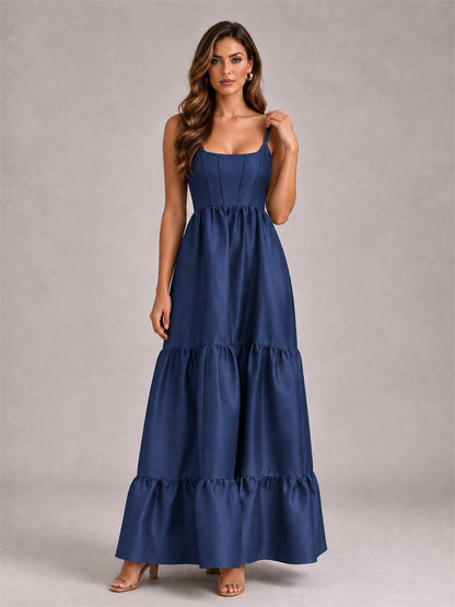 Square Neck A-Line Spaghetti Straps Satin Sleeveless Floor-Length Wedding Guest Dress