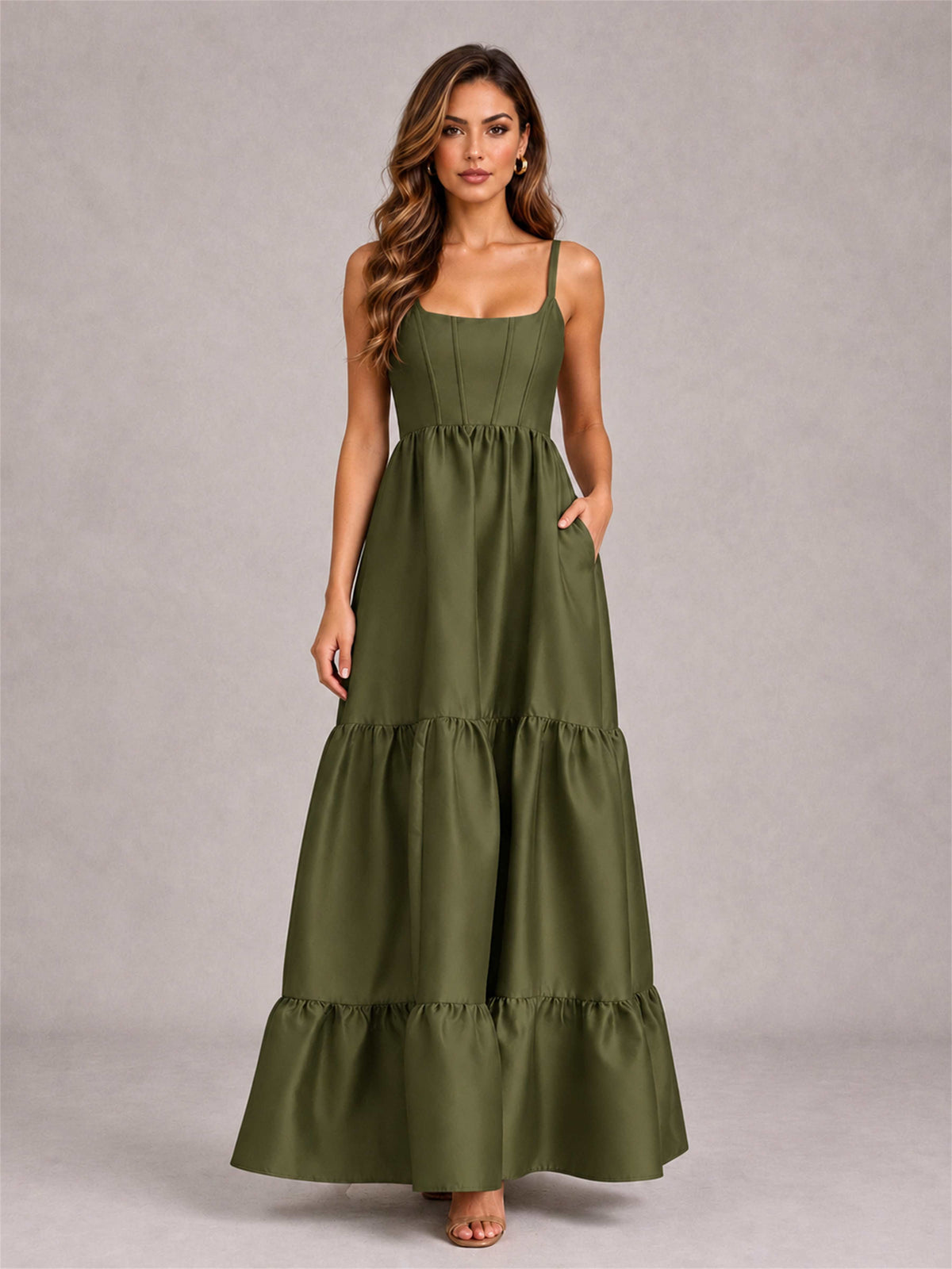 Square Neck A-Line Spaghetti Straps Satin Sleeveless Floor-Length Wedding Guest Dress