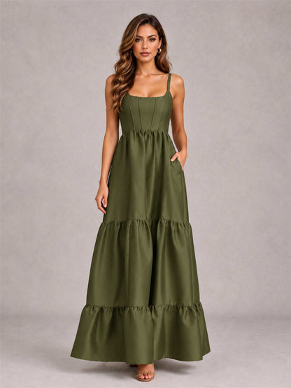 Square Neck A-Line Spaghetti Straps Satin Sleeveless Floor-Length Wedding Guest Dress