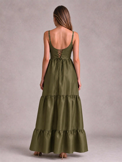 Square Neck A-Line Spaghetti Straps Satin Sleeveless Floor-Length Wedding Guest Dress