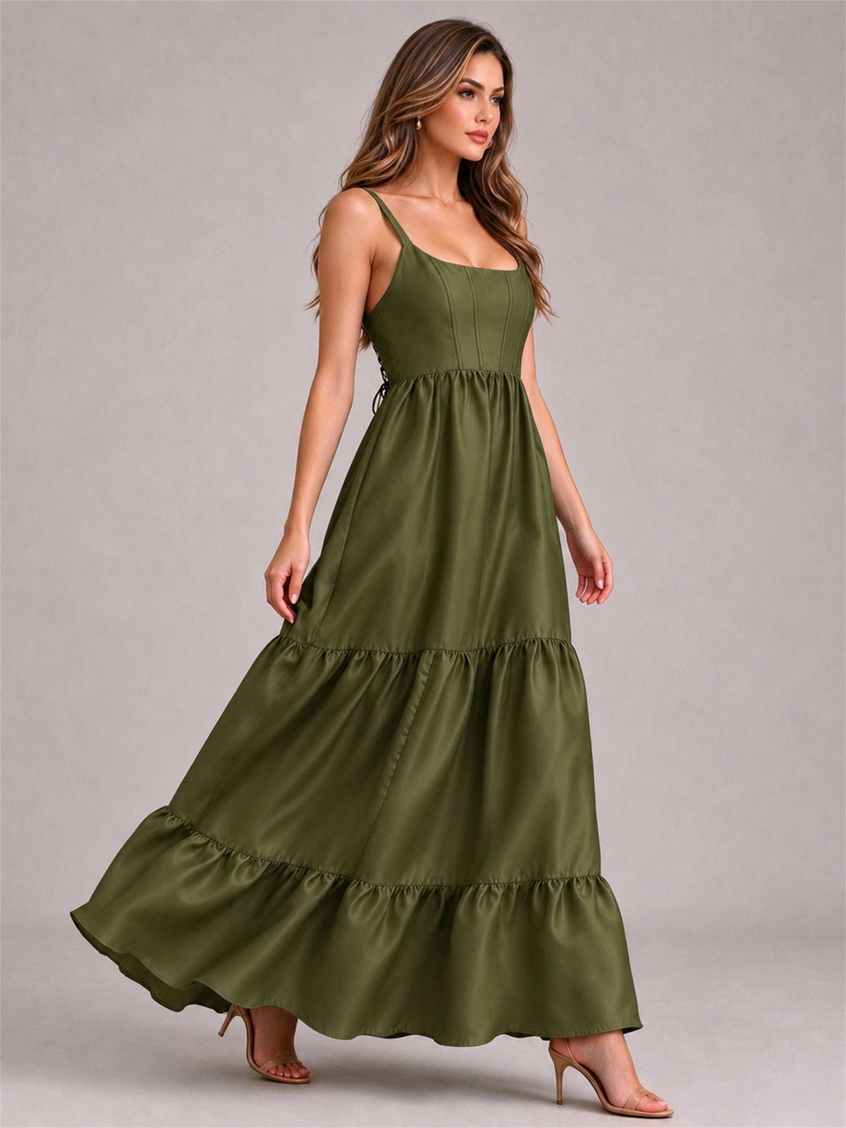 Square Neck A-Line Spaghetti Straps Satin Sleeveless Floor-Length Wedding Guest Dress