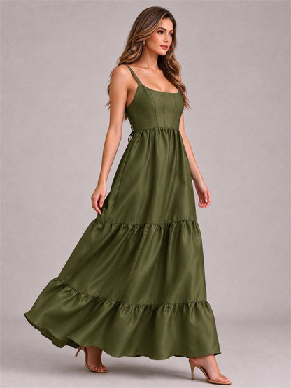 Square Neck A-Line Spaghetti Straps Satin Sleeveless Floor-Length Wedding Guest Dress