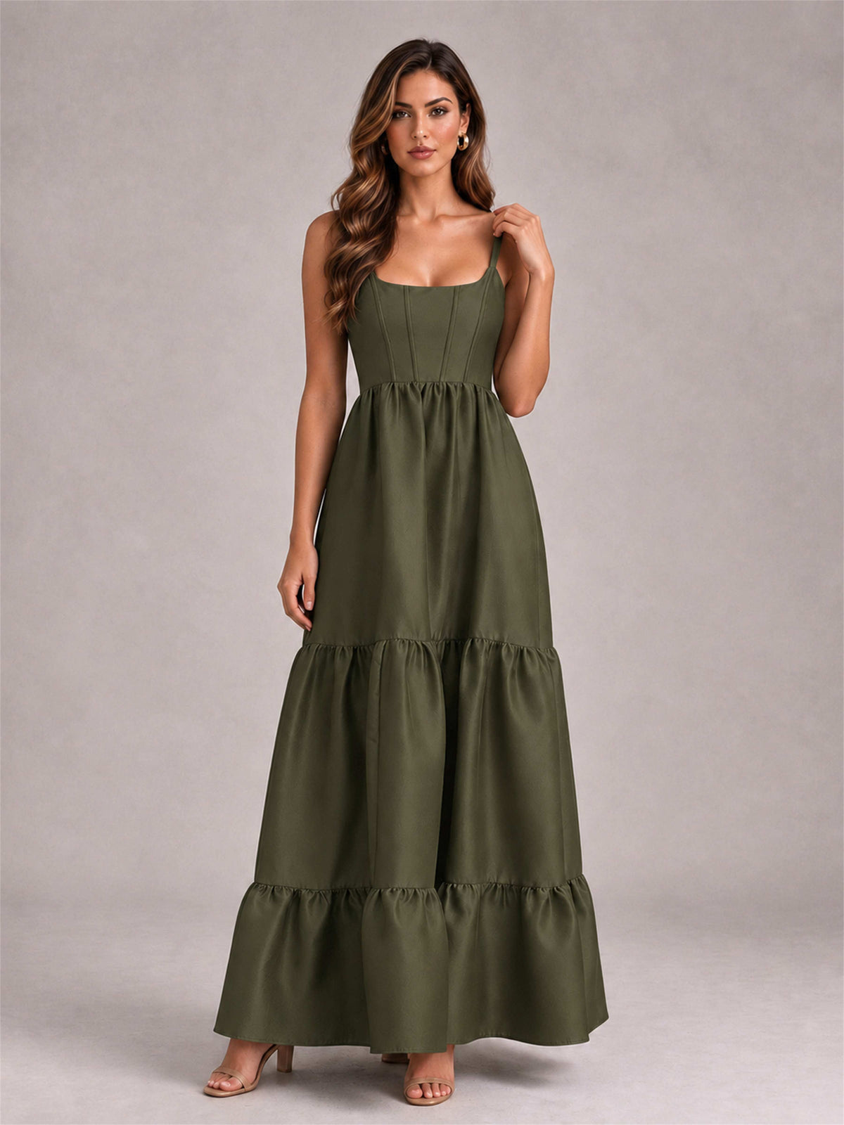 Square Neck A-Line Spaghetti Straps Satin Sleeveless Floor-Length Wedding Guest Dress