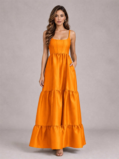Square Neck A-Line Spaghetti Straps Satin Sleeveless Floor-Length Wedding Guest Dress