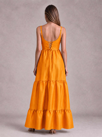 Square Neck A-Line Spaghetti Straps Satin Sleeveless Floor-Length Wedding Guest Dress