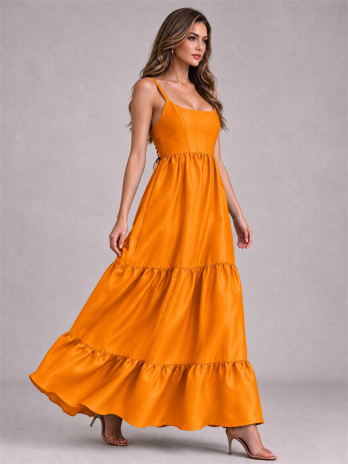 Square Neck A-Line Spaghetti Straps Satin Sleeveless Floor-Length Wedding Guest Dress