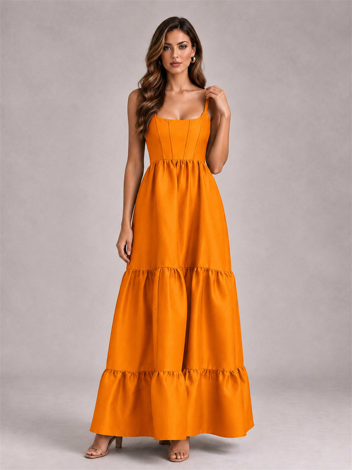 Square Neck A-Line Spaghetti Straps Satin Sleeveless Floor-Length Wedding Guest Dress
