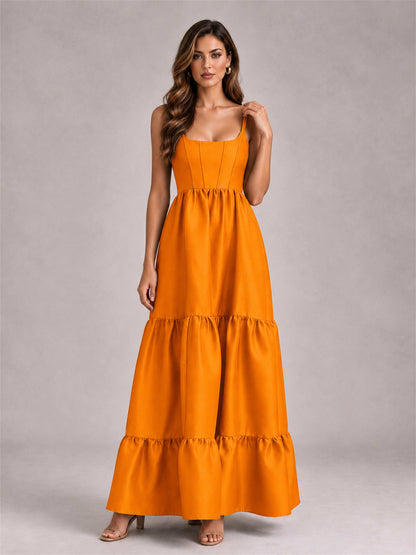 Square Neck A-Line Spaghetti Straps Satin Sleeveless Floor-Length Wedding Guest Dress
