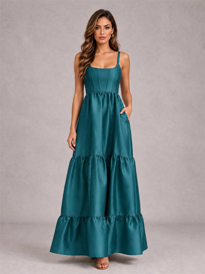Square Neck A-Line Spaghetti Straps Satin Sleeveless Floor-Length Wedding Guest Dress