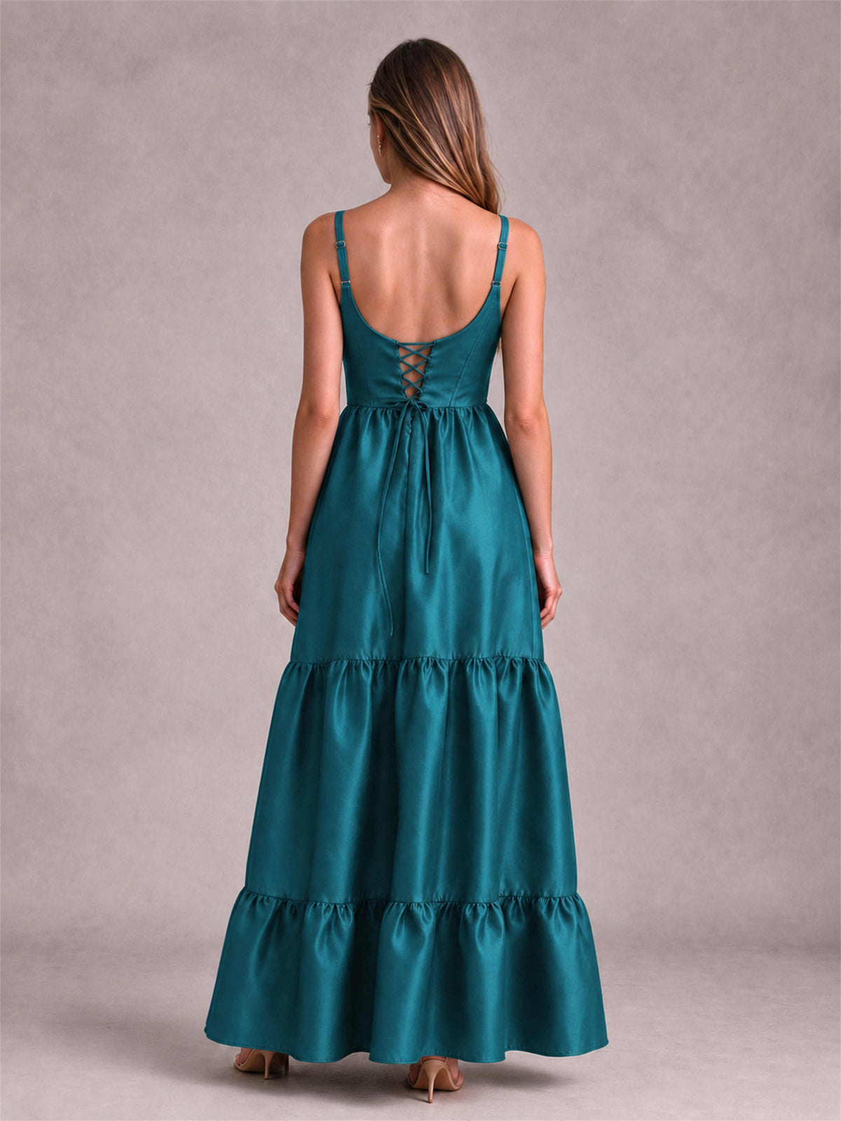 Square Neck A-Line Spaghetti Straps Satin Sleeveless Floor-Length Wedding Guest Dress