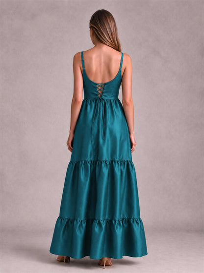 Square Neck A-Line Spaghetti Straps Satin Sleeveless Floor-Length Wedding Guest Dress