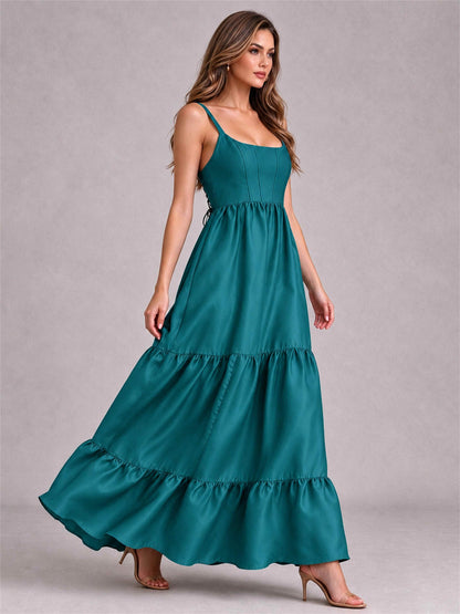Square Neck A-Line Spaghetti Straps Satin Sleeveless Floor-Length Wedding Guest Dress