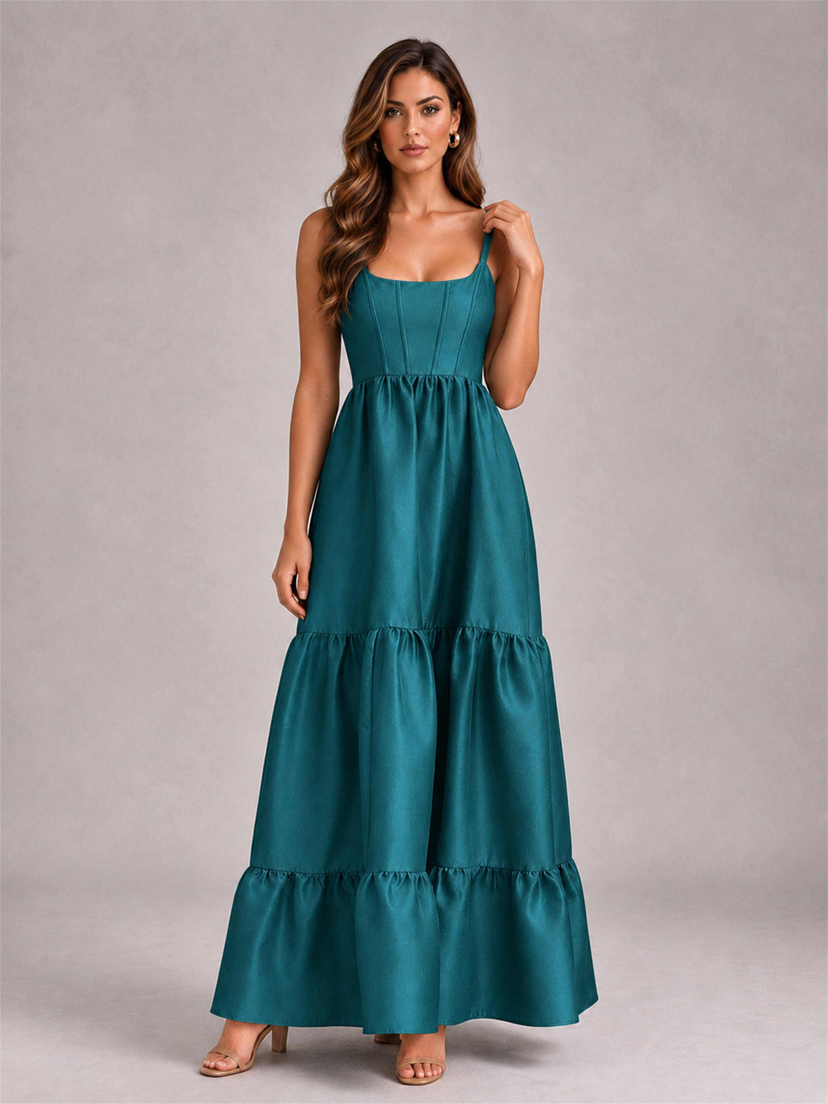 Square Neck A-Line Spaghetti Straps Satin Sleeveless Floor-Length Wedding Guest Dress