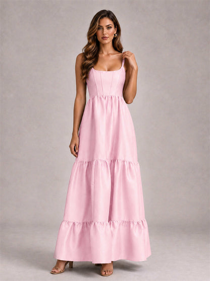 Square Neck A-Line Spaghetti Straps Satin Sleeveless Floor-Length Wedding Guest Dress
