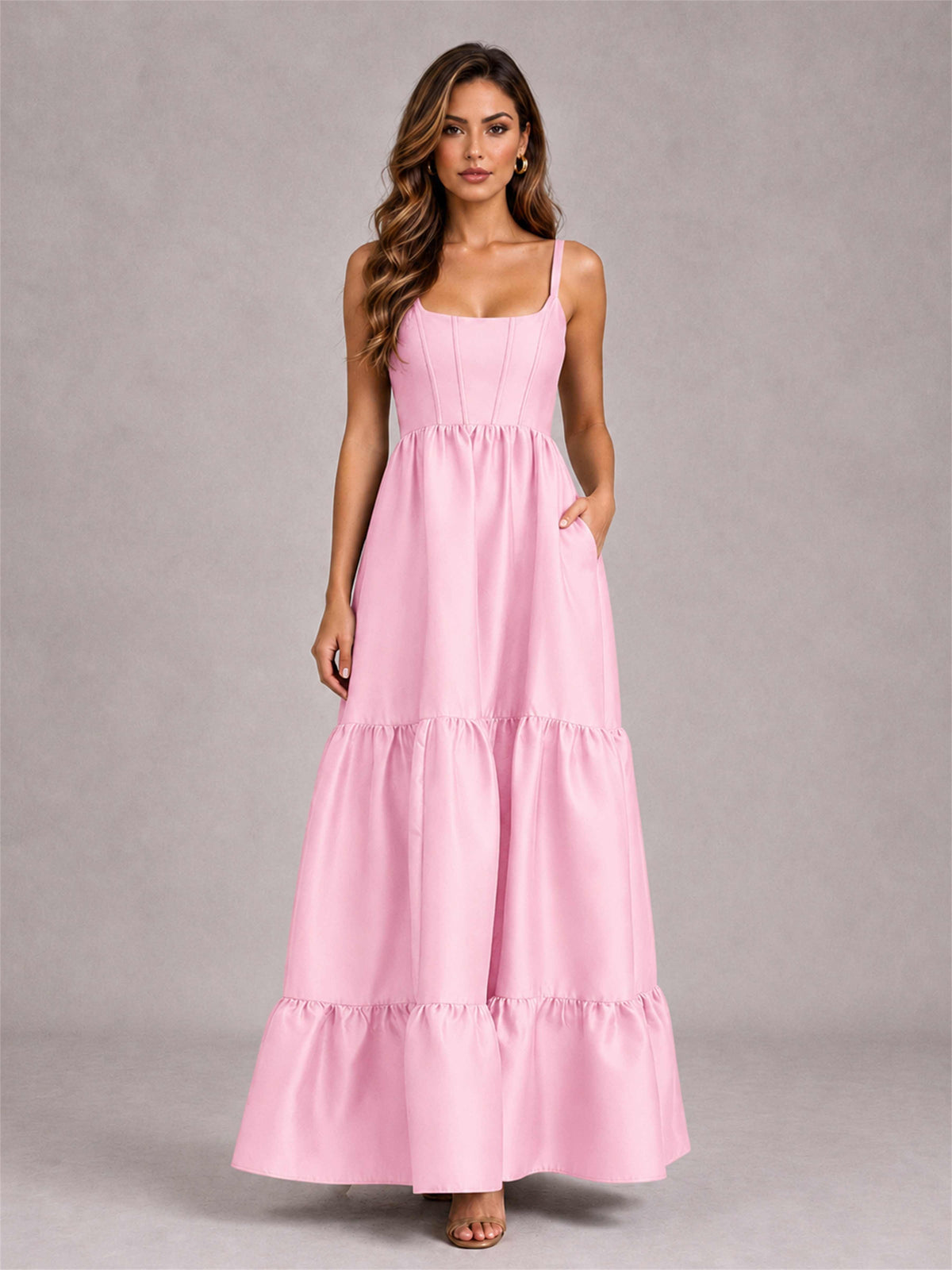 Square Neck A-Line Spaghetti Straps Satin Sleeveless Floor-Length Wedding Guest Dress