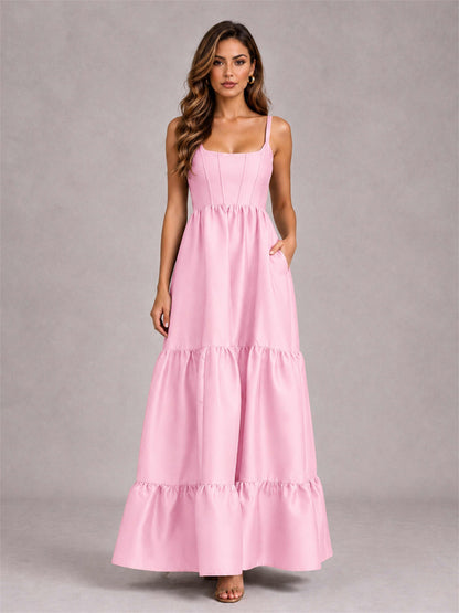 Square Neck A-Line Spaghetti Straps Satin Sleeveless Floor-Length Wedding Guest Dress
