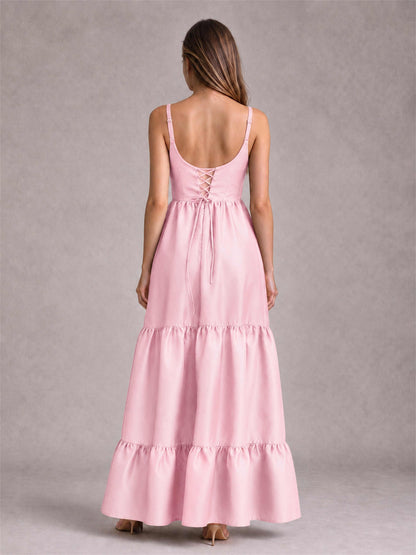 Square Neck A-Line Spaghetti Straps Satin Sleeveless Floor-Length Wedding Guest Dress