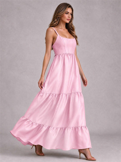 Square Neck A-Line Spaghetti Straps Satin Sleeveless Floor-Length Wedding Guest Dress