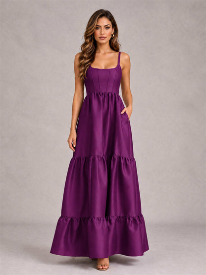 Square Neck A-Line Spaghetti Straps Satin Sleeveless Floor-Length Wedding Guest Dress