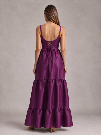 Square Neck A-Line Spaghetti Straps Satin Sleeveless Floor-Length Wedding Guest Dress