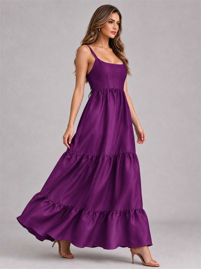Square Neck A-Line Spaghetti Straps Satin Sleeveless Floor-Length Wedding Guest Dress