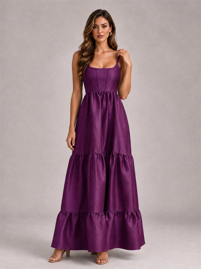 Square Neck A-Line Spaghetti Straps Satin Sleeveless Floor-Length Wedding Guest Dress