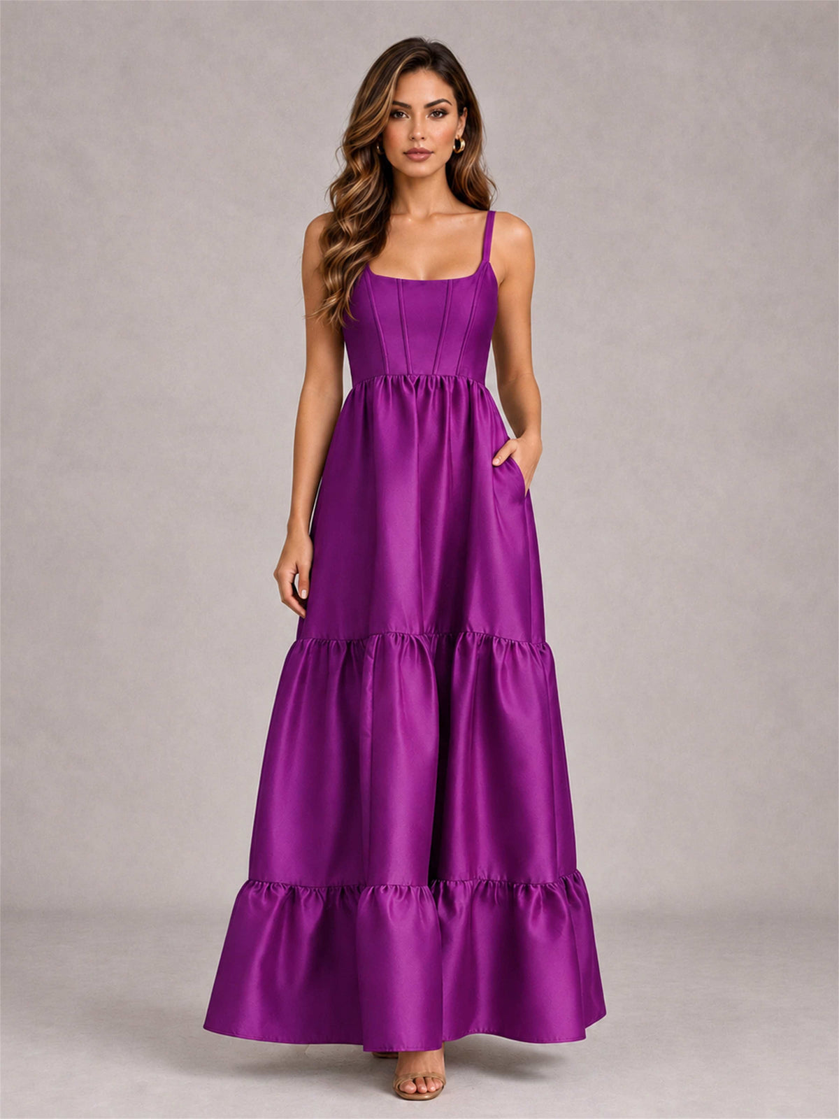 Square Neck A-Line Spaghetti Straps Satin Sleeveless Floor-Length Wedding Guest Dress