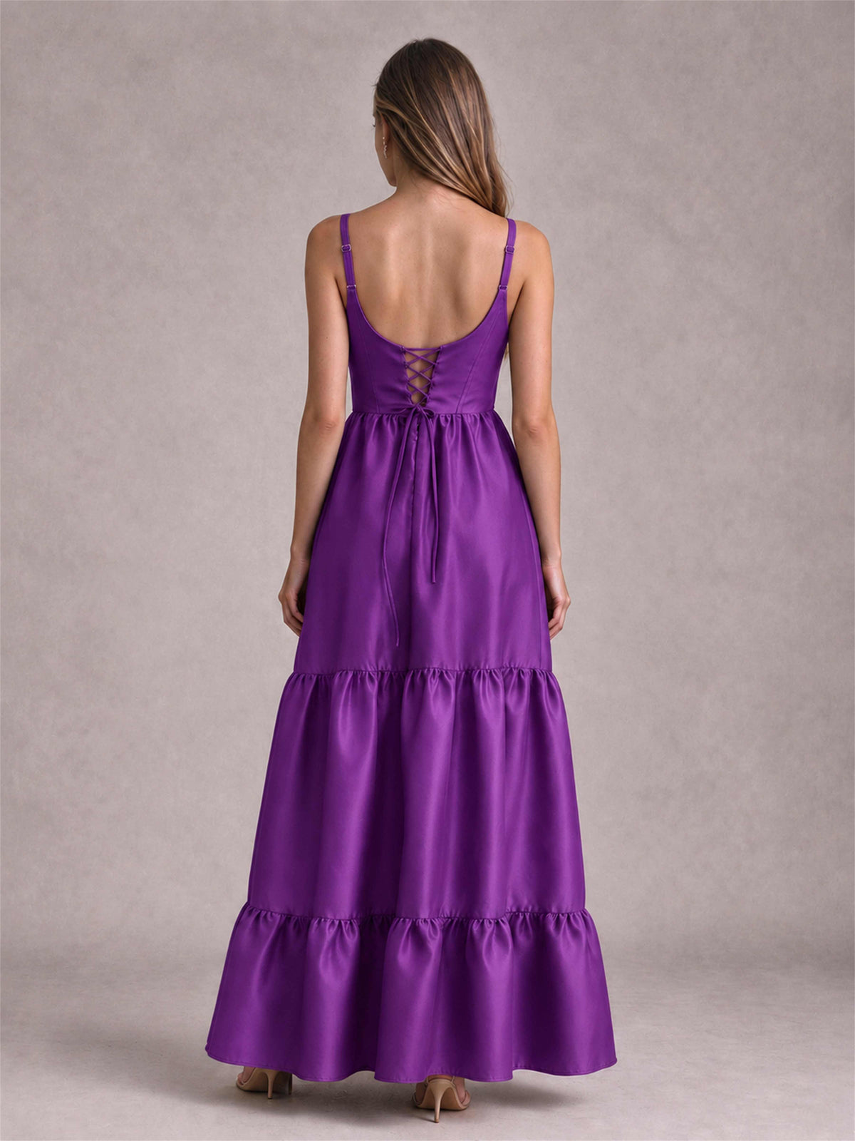 Square Neck A-Line Spaghetti Straps Satin Sleeveless Floor-Length Wedding Guest Dress