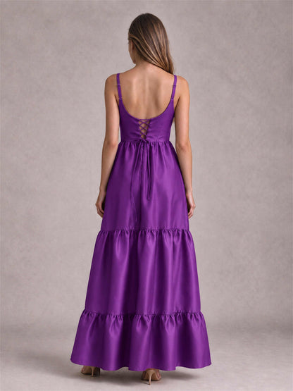 Square Neck A-Line Spaghetti Straps Satin Sleeveless Floor-Length Wedding Guest Dress