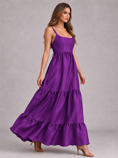 Square Neck A-Line Spaghetti Straps Satin Sleeveless Floor-Length Wedding Guest Dress