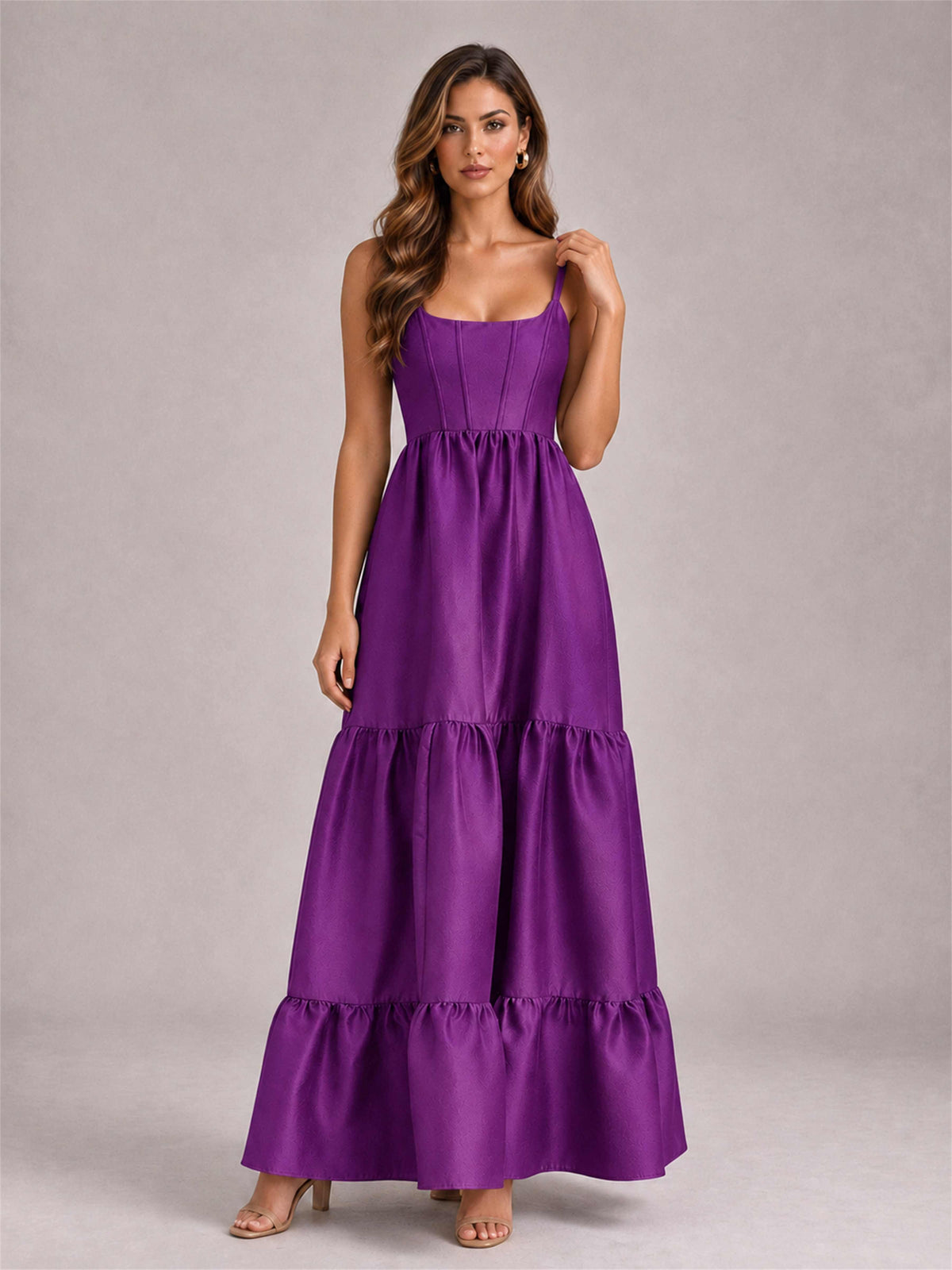 Square Neck A-Line Spaghetti Straps Satin Sleeveless Floor-Length Wedding Guest Dress