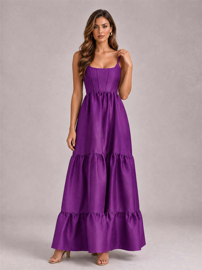 Square Neck A-Line Spaghetti Straps Satin Sleeveless Floor-Length Wedding Guest Dress