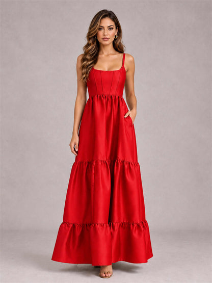 Square Neck A-Line Spaghetti Straps Satin Sleeveless Floor-Length Wedding Guest Dress