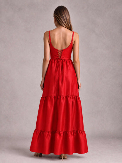 Square Neck A-Line Spaghetti Straps Satin Sleeveless Floor-Length Wedding Guest Dress